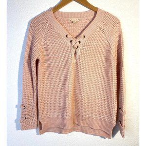 It's Our Time Lace Up Front V Neck Knitted Pullover Sweater Size Small Pale Pink